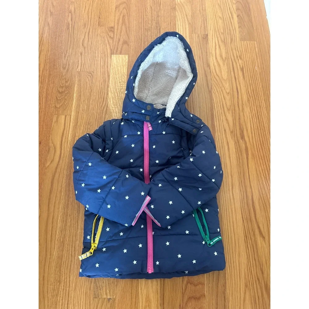 Mini Boden Girls Navy Star Puffer Jacket Detachable Hood Multi Zip Size 4-5Y